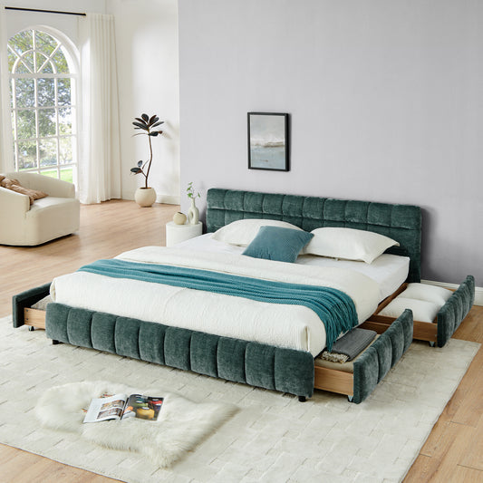 King Size Upholstered Bed,comfortable upholstered bed frame, Chenille fabric, with headboard and solid bed frame. With drawer for storage-green(88.5''*85.5''*31'') image 1