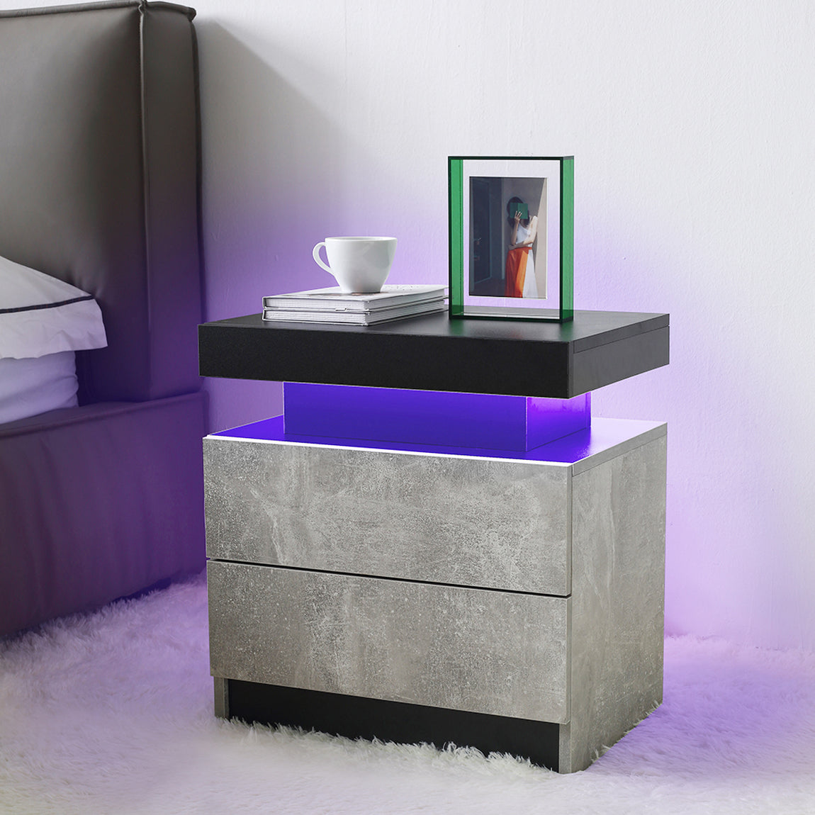 Nightstand LED Bedside Table Cabinet Lights Modern End Side with 2 Drawers for Bedroom (Black+Gray) image 7