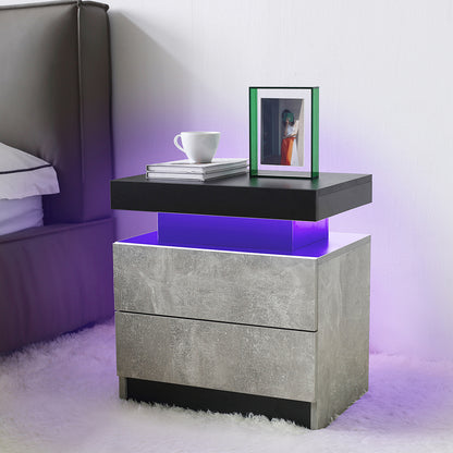 Nightstand LED Bedside Table Cabinet Lights Modern End Side with 2 Drawers for Bedroom (Black+Gray) image 7