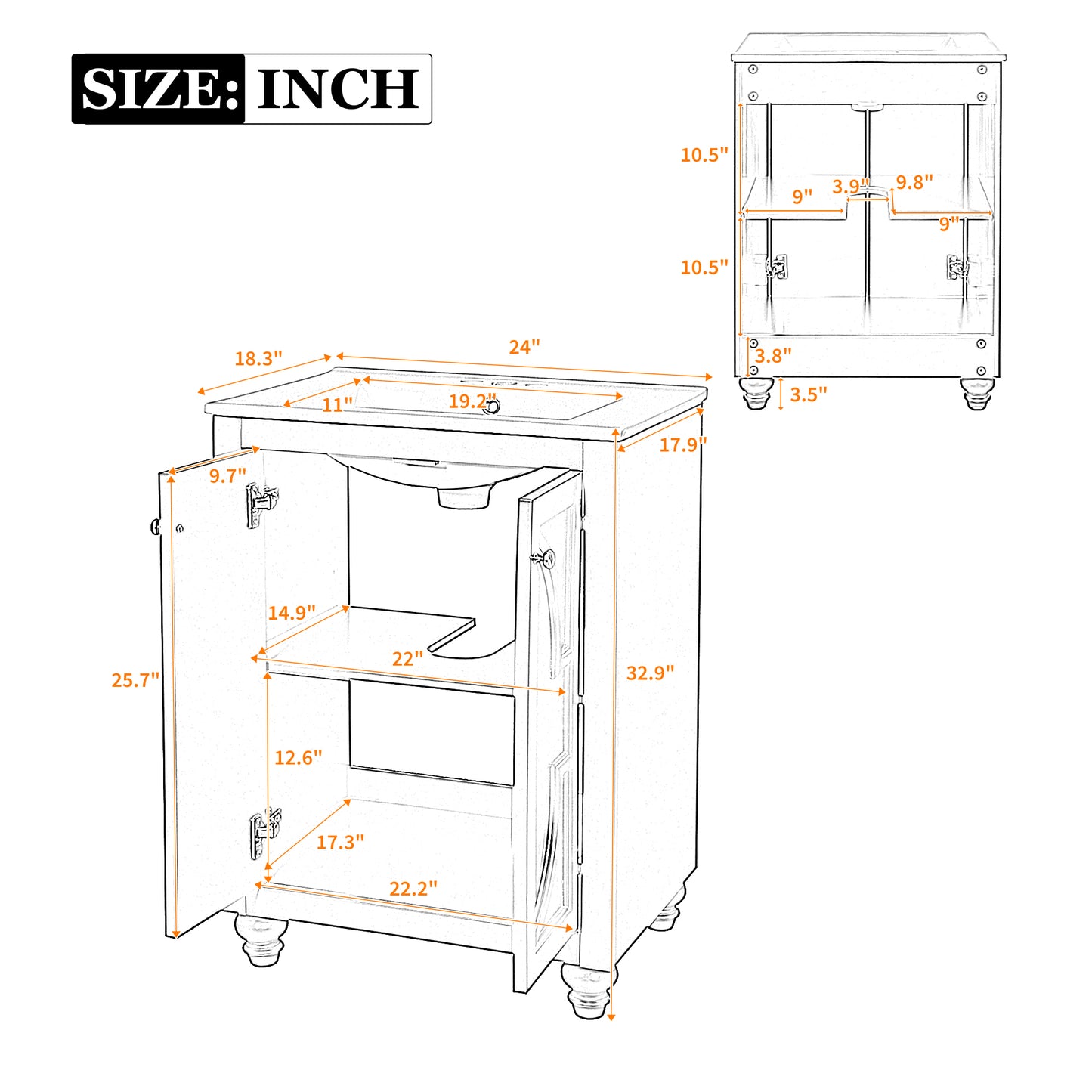 24" Modern Bathroom Vanity with Ornate Elliptical Motif Design & Soft-Close Hinges, Bathroom Cabinet with Back Open Structure, Ball-Turned Legs with French Elegance image 9