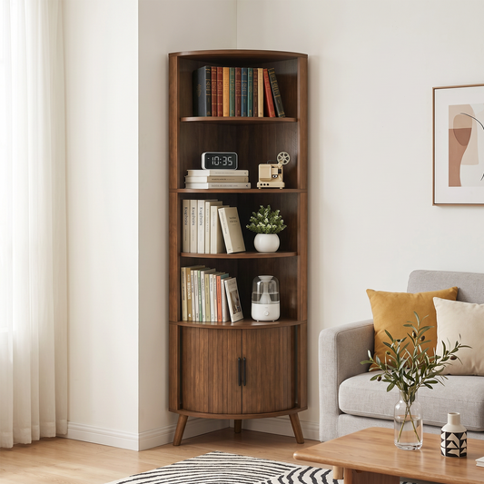 5-Tier Corner Shelf, 67'' Tall Corner Bookshelf, Freestanding Wood Corner Shelf with Sliding Doors & Open Shelves, Saving Space, Modern Corner Storage Cabinet for Living Room, Kitchen, Office (Walnut) image 1