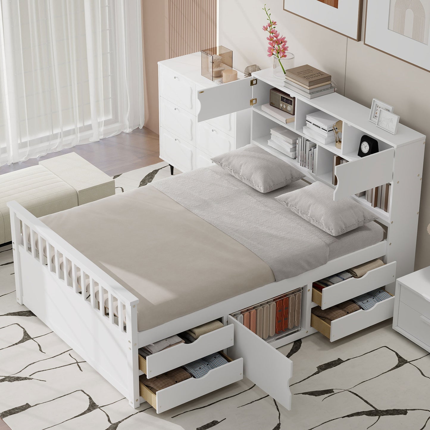 Full Size Captain Platform Bed Frame with Storage Bookcases and Shelves,Four Drawers,White image 3