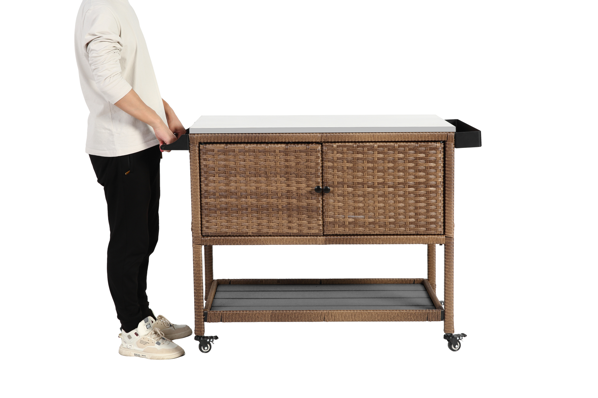 Outdoor Wicker Bar Cart, Patio Wine Serving Cart w/Wheels, Rolling Rattan Beverage Bar Counter Table with stainless steel Top for Porch Backyard Garden Poolside Party, Brown image 2