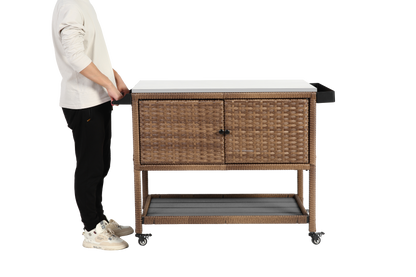 Outdoor Wicker Bar Cart, Patio Wine Serving Cart w/Wheels, Rolling Rattan Beverage Bar Counter Table with stainless steel Top for Porch Backyard Garden Poolside Party, Brown image 2