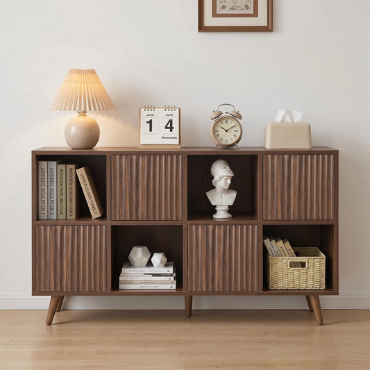 Bookcase 8 Cube Storage Organizer,Bookcase Storage Cabinet with 4 Doors, Freestanding Cube Shelf Organizer for Books Decor in Living Room Bedroom Office,Walnut image 1