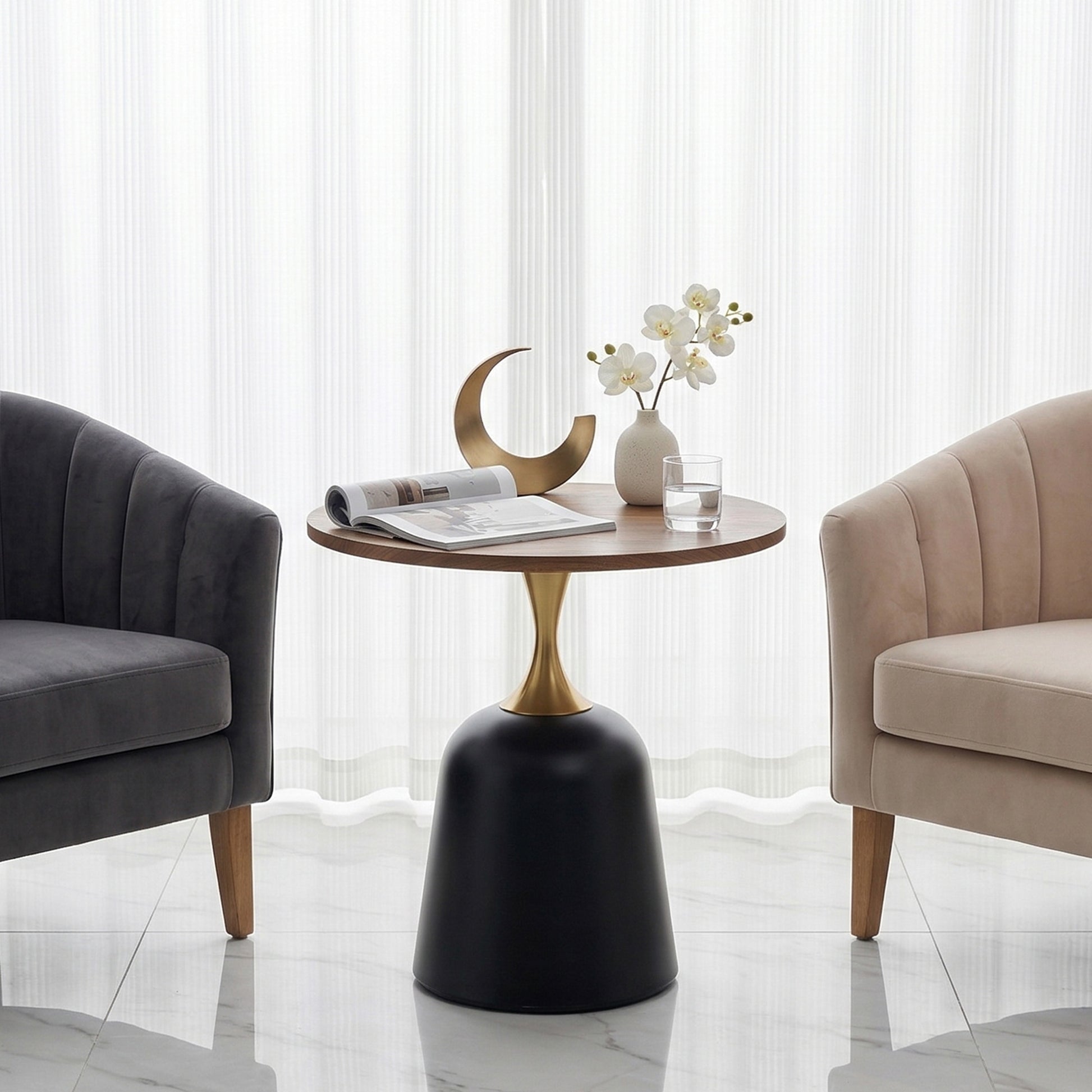23.6 inch circular side table coffee table, metal base living room table, simple and modern walnut wood grain decoration, negotiation table, unique circular sofa headboard office desk. image 1