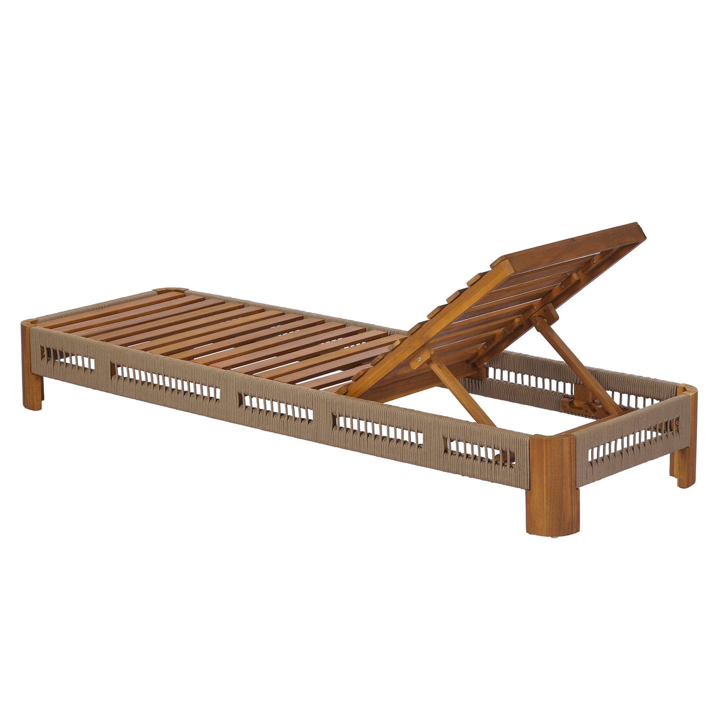 Acacia Wood Outdoor Chaise Lounge with Adjustable Backrest, Handwoven Rope Accents, Weather-Resistant Patio Recliner for Poolside, Backyard & Deck, Natural Wood Finish image 12