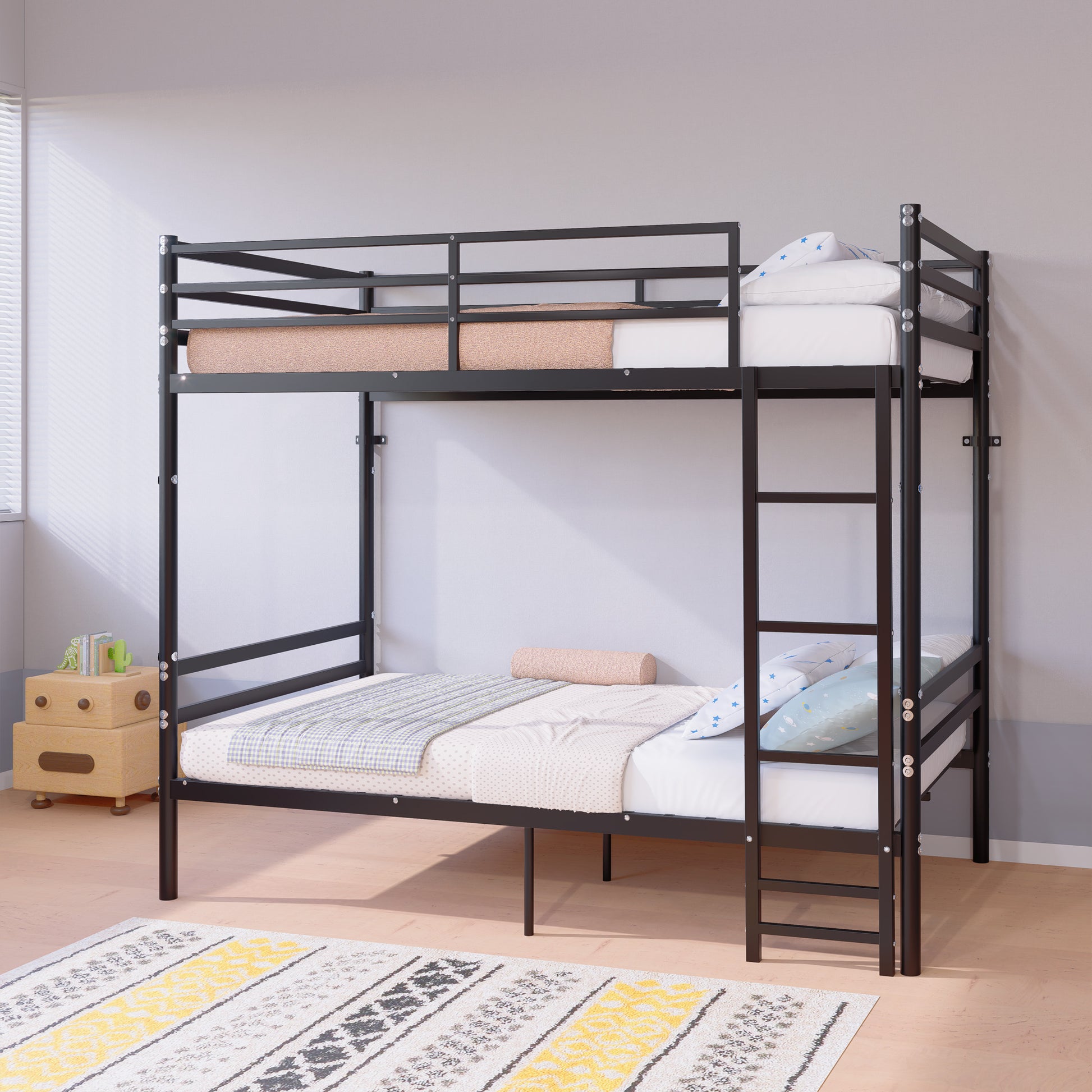 Bunk Bed Twin Over Twin for Kids/Teens/Adults Duty 2 Decker Bed with Flat Ladder, Metal Space Saver Bed with Stairs, Black image 1
