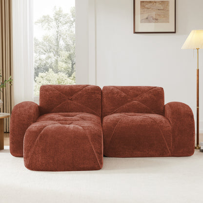 L-shaped Boneless Sofa,Soft Velvet Fabric,Tufted Design,32D High Density Sponge,No Assembly Required,Ergonomic Design,Bottom Anti-Slip Design,Movable Ottoman For Bedrooms,Red Brown image 3
