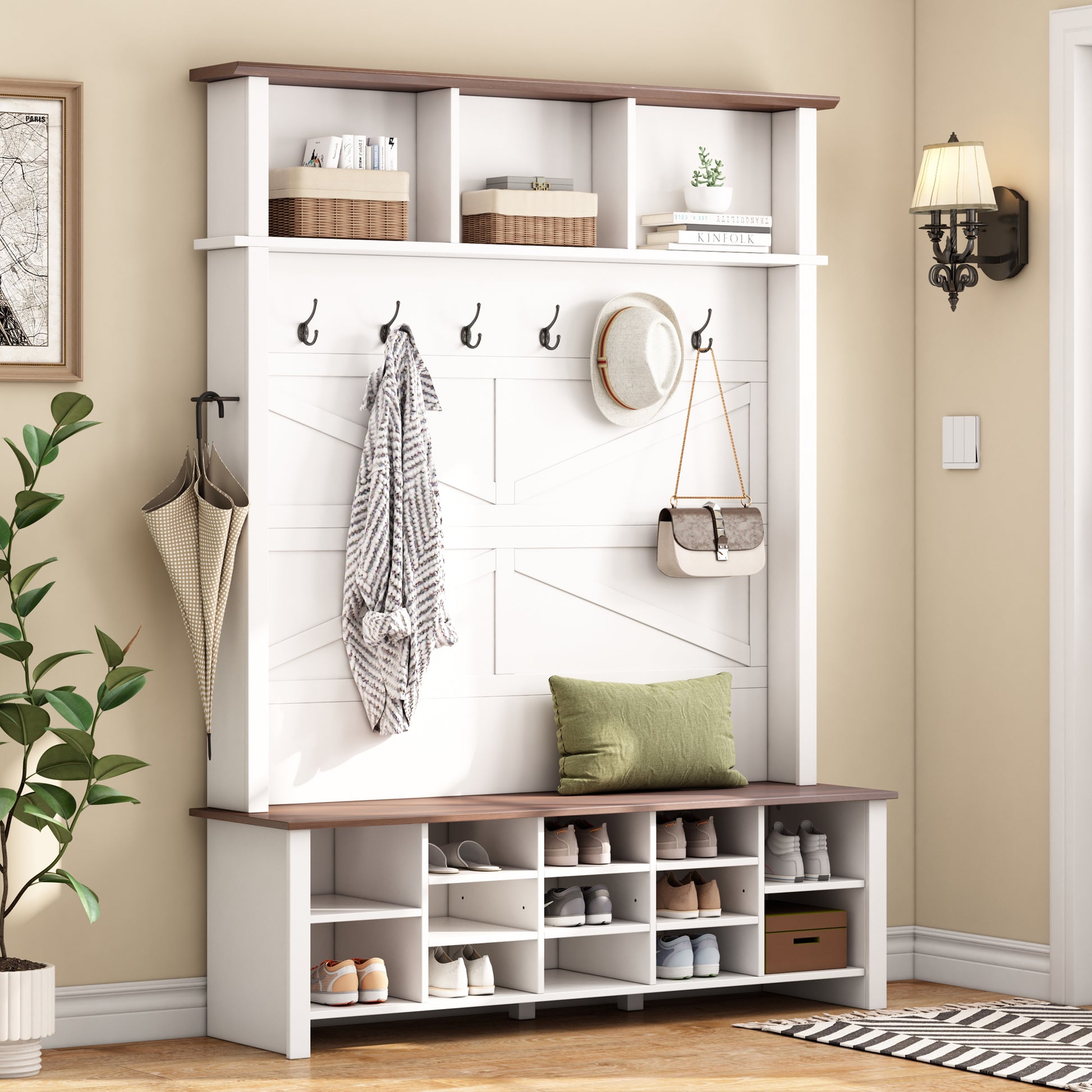 Farmhouse 4-in-1 Hall Tree with 6 Hooks, Walnut Entryway Bench with Shelves, Wooden Style Rustic Shoe Organizer with 16 Open Compartments for Mudroom, Living Room, White (OLD SKU: N721P264915K) image 1