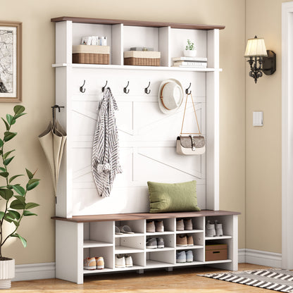 Farmhouse 4-in-1 Hall Tree with 6 Hooks, Walnut Entryway Bench with Shelves, Wooden Style Rustic Shoe Organizer with 16 Open Compartments for Mudroom, Living Room, White (OLD SKU: N721P264915K) image 1