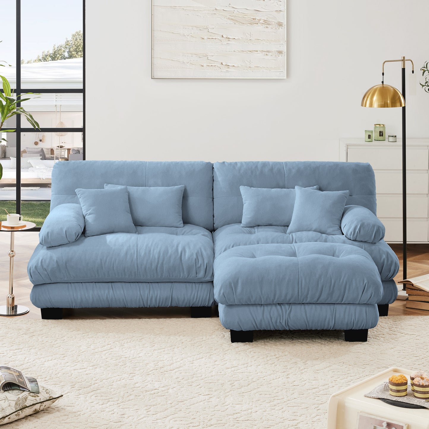 Cloud Couch Sectional Sofa for Living Room, Chenille 2 Seater Sofa with 2 Lumbar pillows and 2 throw pillows, Upholstered Wide Arm Sofa with Convertible Ottoman,Chenille Blue image 3