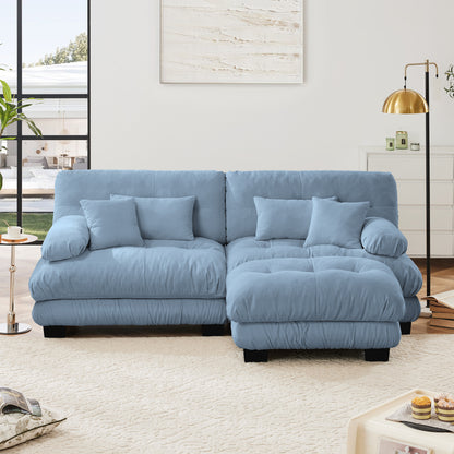 Cloud Couch Sectional Sofa for Living Room, Chenille 2 Seater Sofa with 2 Lumbar pillows and 2 throw pillows, Upholstered Wide Arm Sofa with Convertible Ottoman,Chenille Blue image 3