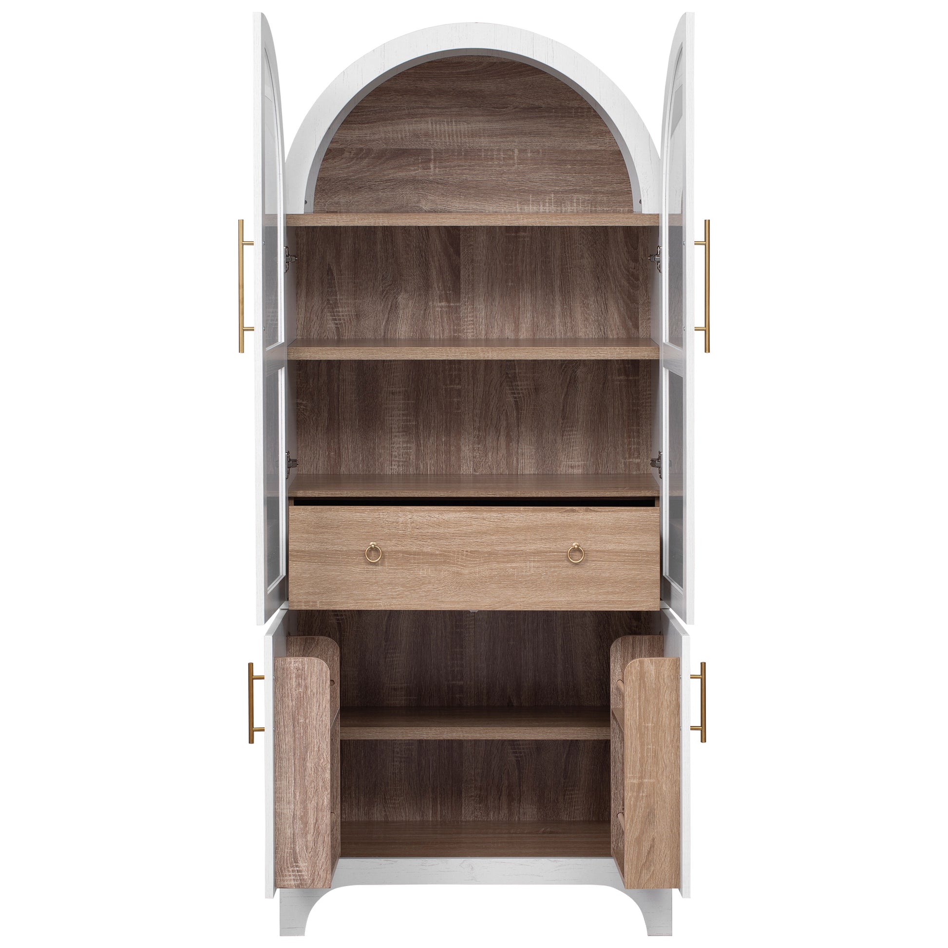 K&K 71" Tall Arched Kitchen Pantry Cabinet with Door Shelves, Farmhouse Kitchen Storage Cabinet with Open & Adjustable Shelves, Hidden Drawer & Glass Door, Cupboard for Kitchen, Dining Room, White image 7