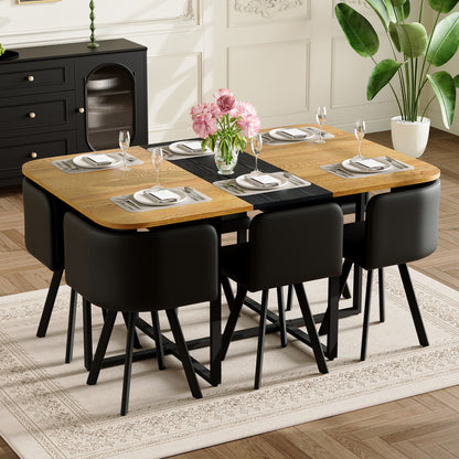 7-Piece Rectangular Dining Table Set, Fixed Two-Tone Wood Grain & Black Triamine Tabletop with 6 Black PU Leather Chairs, Modern Kitchen Table Set for 6 People, Ideal for Small Spaces, Apartment image 2