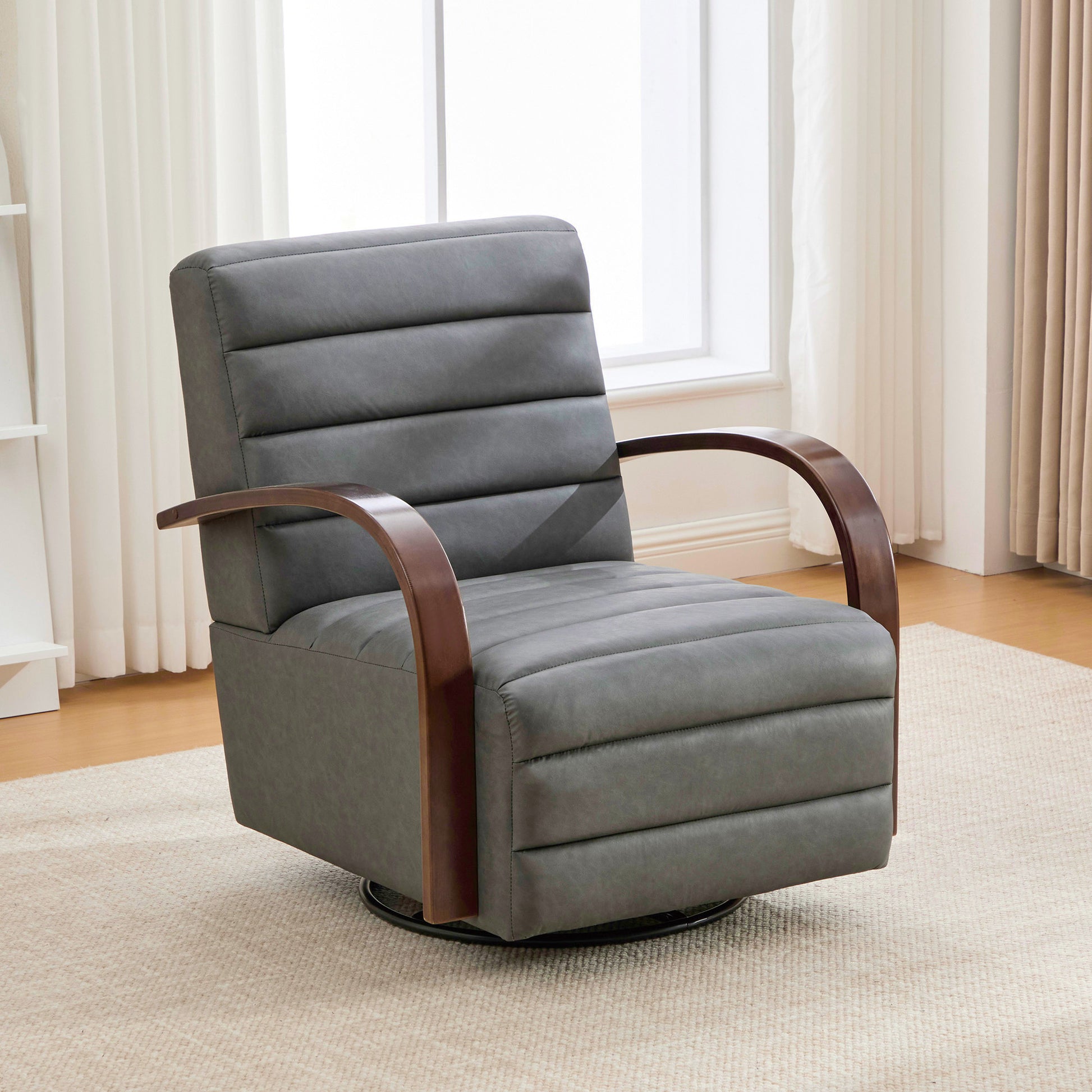 30.7"W Modern Upholstered 360° Swivel Accent Chair with Solid Wood Armrests and Comfy Channel Tufted Lounge Reading Chair, Single Sofa Armchair for Hotel Bedroom Living Room Office and Bedroom. Gray image 5