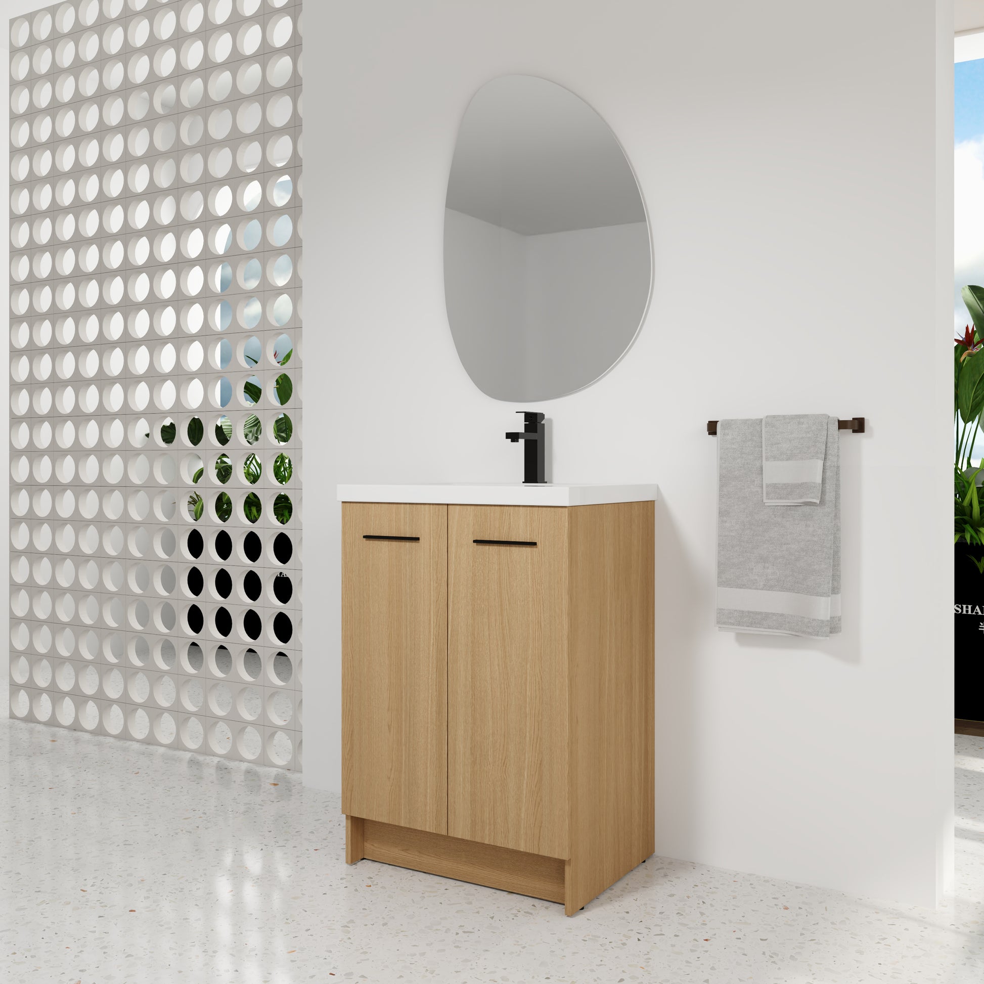 24" Freestanding Bathroom Vanity with Resin Sink, Light Oak, Double Door Storage, KD (Ready-to-Assemble), Includes Black & Brushed Aluminum Handles image 4