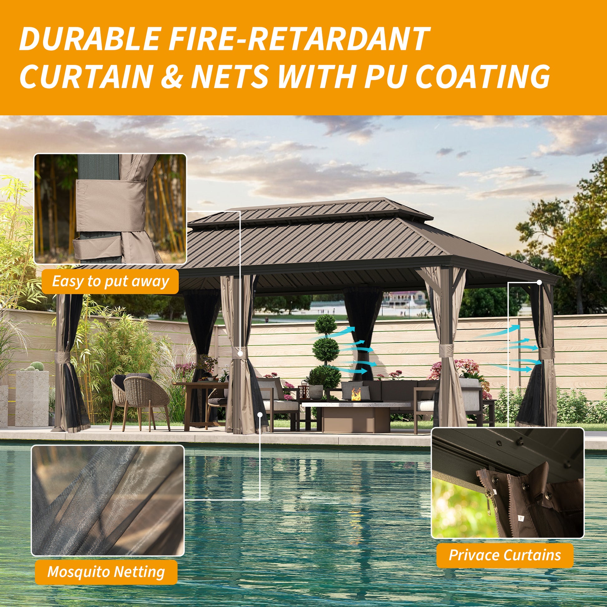 14' X 22' Hardtop Gazebo, Upgraded Metal Gazebo with Drainage System, Dual-Layer Galvanized Steel Roof, Curtain and Netting, Outdoor Shelter Canopy for Patio, Garden, and Backyard, Brown image 3