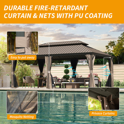 14' X 22' Hardtop Gazebo, Upgraded Metal Gazebo with Drainage System, Dual-Layer Galvanized Steel Roof, Curtain and Netting, Outdoor Shelter Canopy for Patio, Garden, and Backyard, Brown image 3