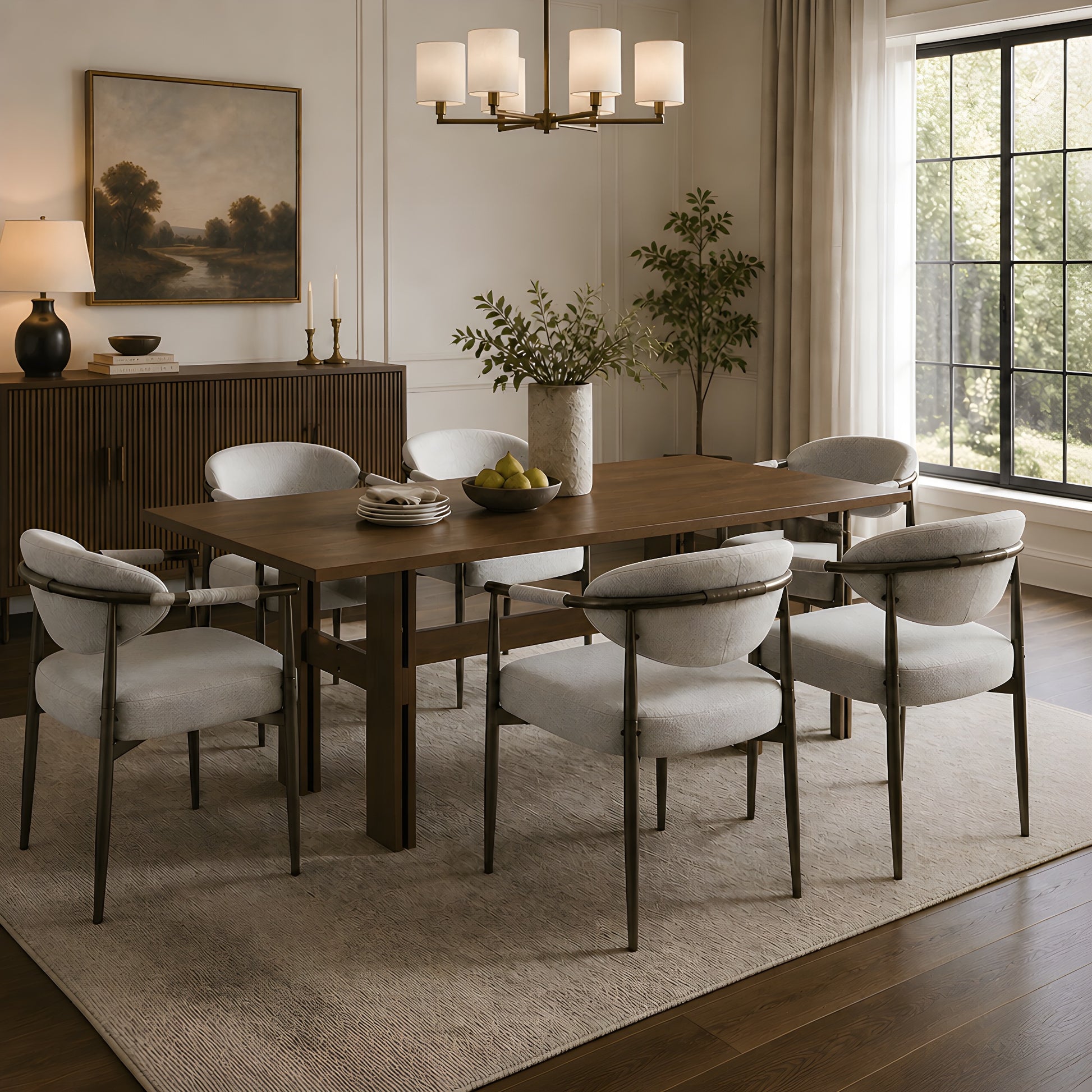 7 Pieces Modern Oval Dining Set, Rustic Farmhouse Solid Wood Kitchen Table Set for 6, 71'' Large Luxury Retro Country Dinner Set with Beige Chairs, for Dining Room, Kitchen,Walnut image 1