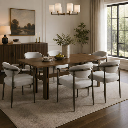 7 Pieces Modern Oval Dining Set, Rustic Farmhouse Solid Wood Kitchen Table Set for 6, 71'' Large Luxury Retro Country Dinner Set with Beige Chairs, for Dining Room, Kitchen,Walnut image 1