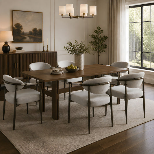 7 Pieces Modern Oval Dining Set, Rustic Farmhouse Solid Wood Kitchen Table Set for 6, 71'' Large Luxury Retro Country Dinner Set with Beige Chairs, for Dining Room, Kitchen,Walnut image 1