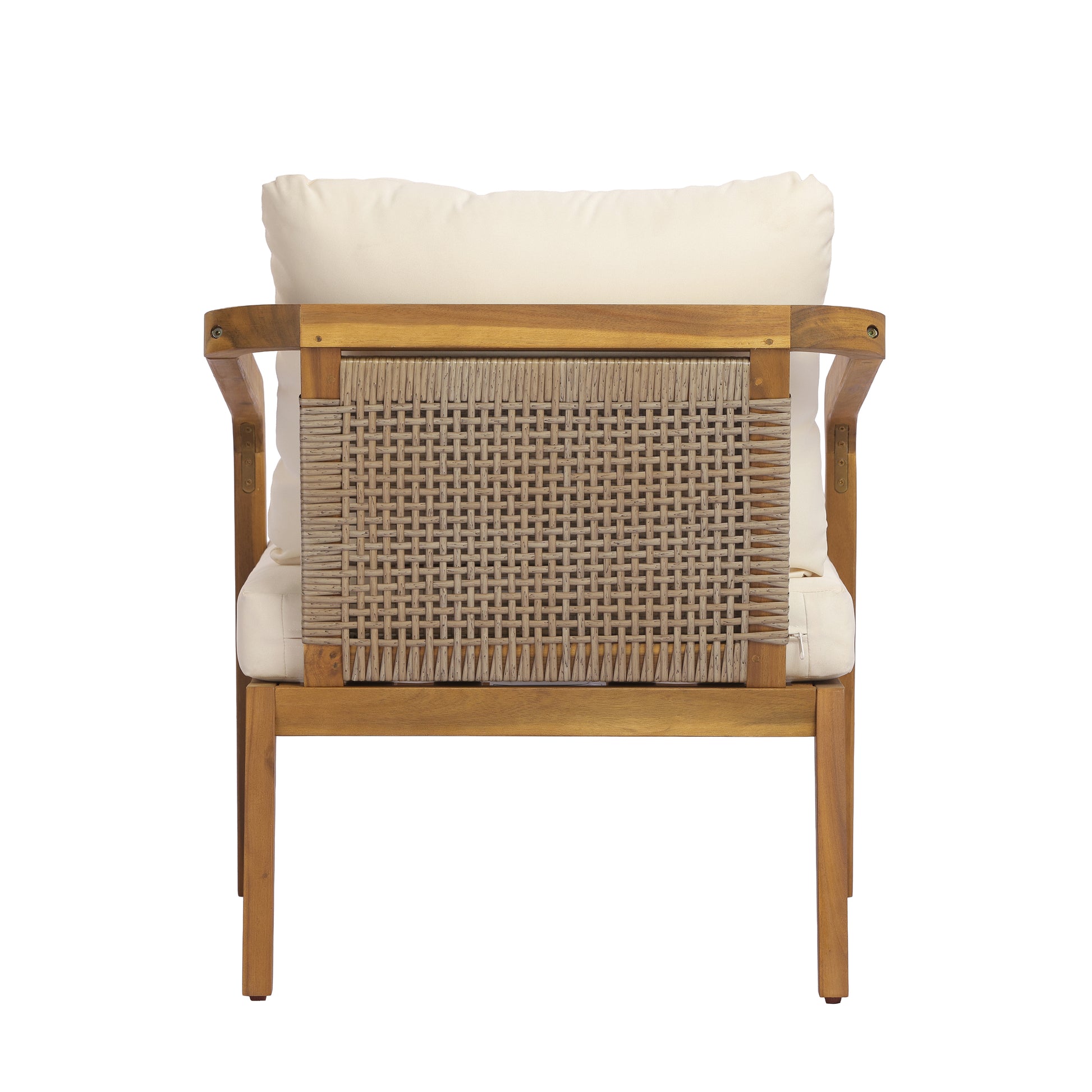 Acacia Wood Outdoor Patio Club Chair with PE Wicker Backrest & Cushions– Modern Accent Armchair for Balcony, Poolside, and Sunroom image 11