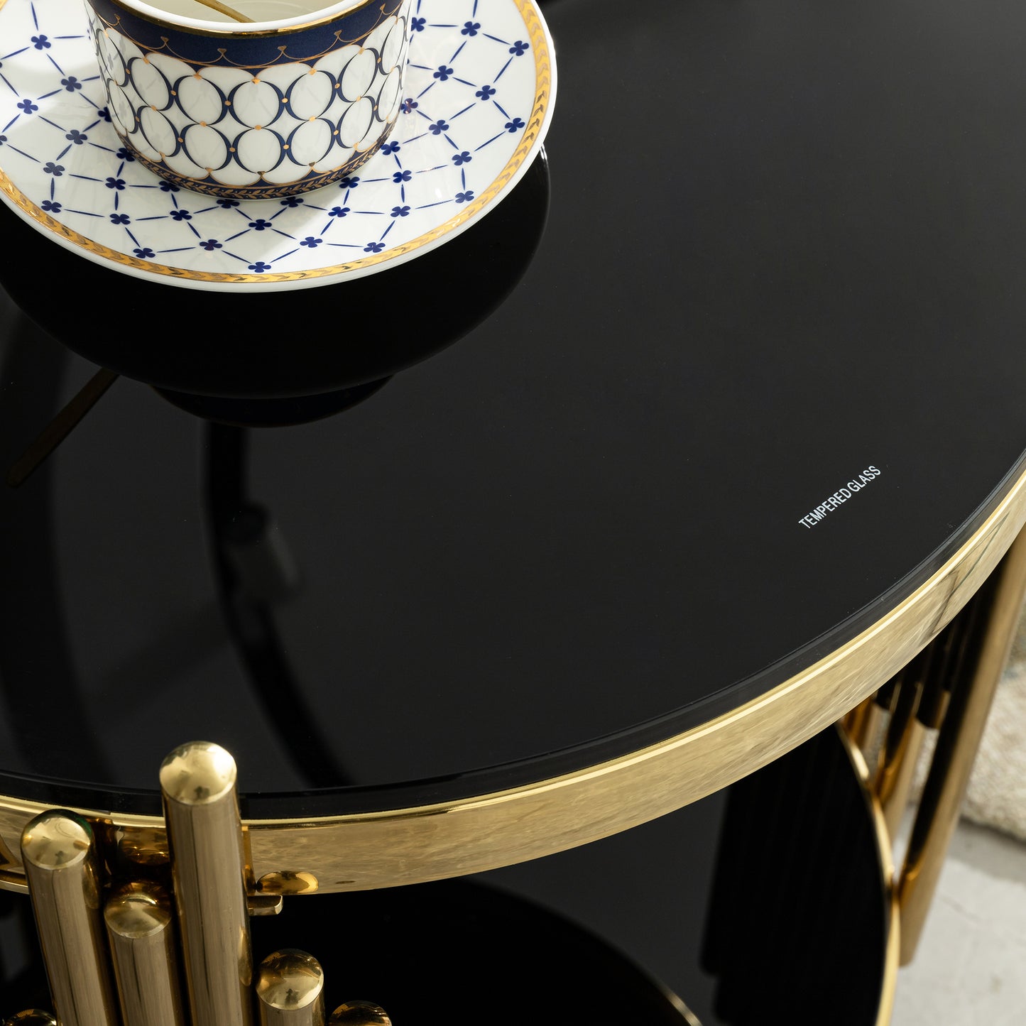 Luxury Round End Table with 2-Tier Black Tempered Glass Top and Gold Stainless Steel Frame, Modern Side Table for Living Room, Bedroom, Office, or Café image 6