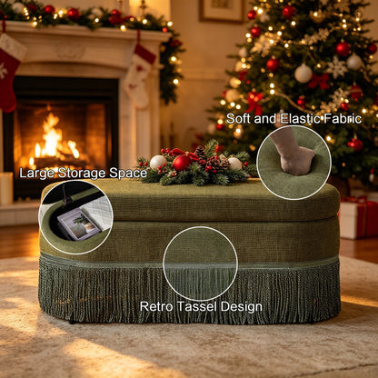 Oval Upholstered Storage Ottoman with Fringe Trim & Lift-Top Lid - 39"L x 16"W x 17"H, Multi-Functional Footrest & Hidden Storage for Living Room or Bedroom - Green Fabric with Metal Frame image 5