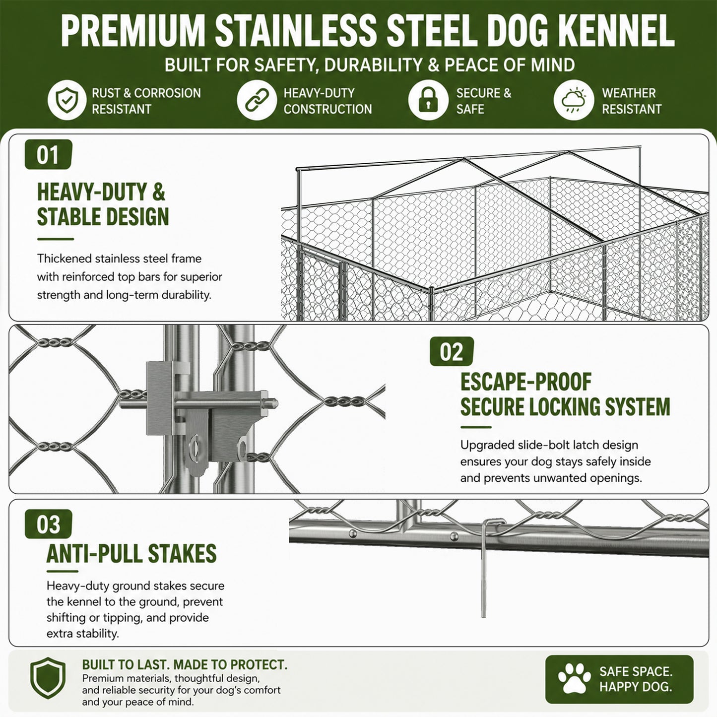 15x10 FT Large Outdoor Dog Kennel with Canopy, Heavy Duty Galvanized Steel Frame, Waterproof Cover, Built-in Elevated Feeding Bowls, Escape-Proof Lockable Pet Playpen for Large Dogs & Multiple Animal image 8