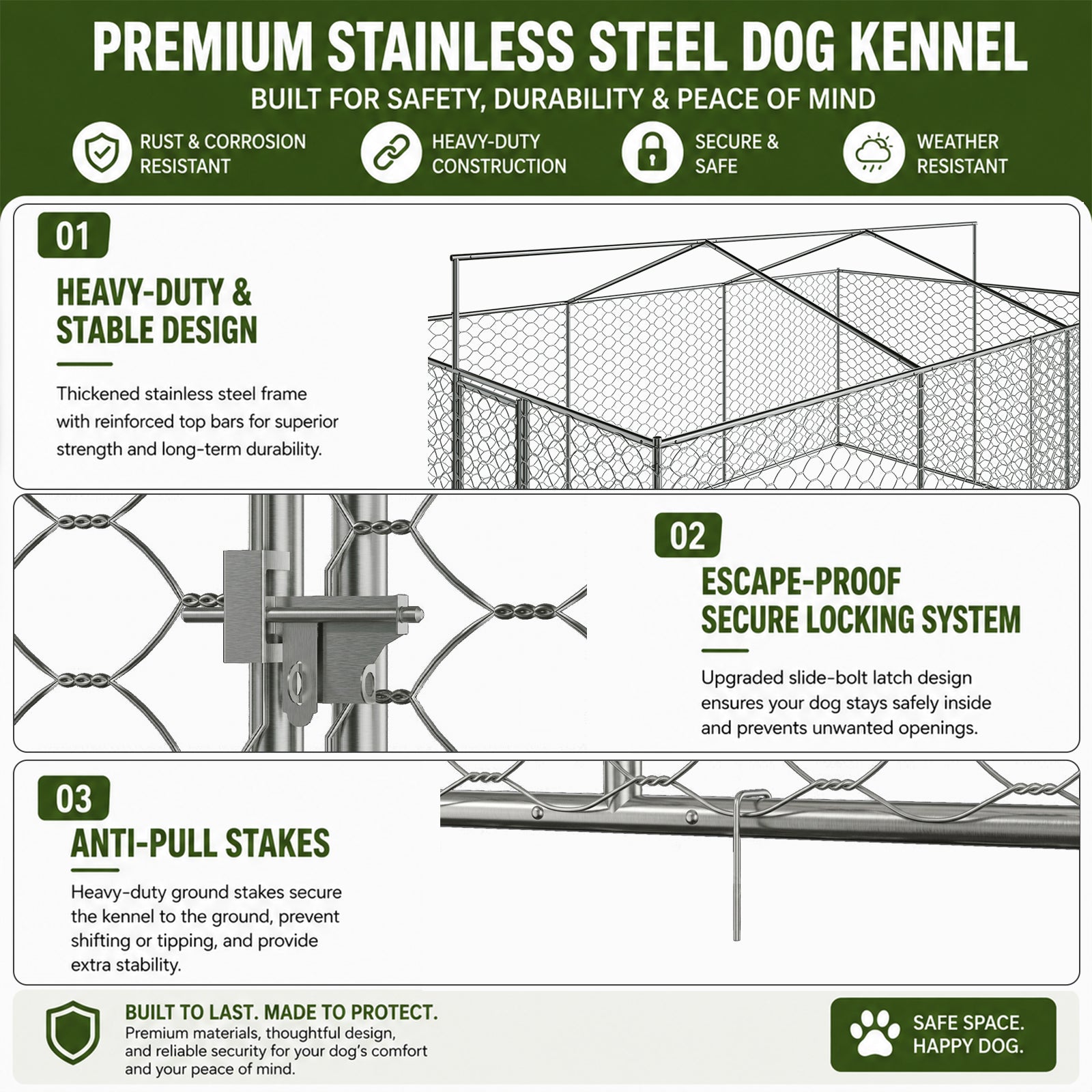 15x10 FT Large Outdoor Dog Kennel with Canopy, Heavy Duty Galvanized Steel Frame, Waterproof Cover, Built-in Elevated Feeding Bowls, Escape-Proof Lockable Pet Playpen for Large Dogs & Multiple Animal image 8