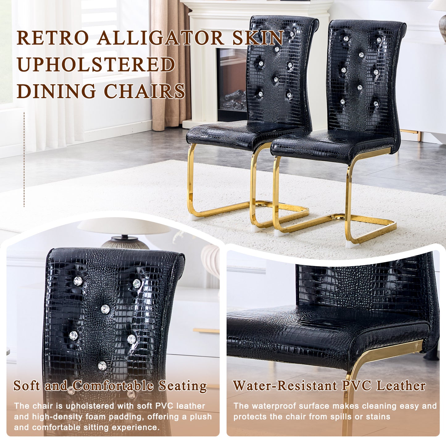 Set of 4,Retro alligator skin Upholstered dining chairs,with Crystal buckle design and Faux Leather design,a touch of elegance and mystery to the dining area,Gold plated metal bow leg image 7