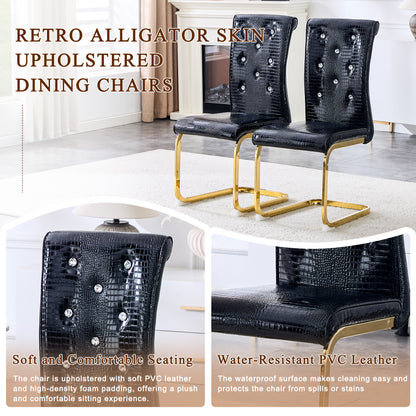 Set of 4,Retro alligator skin Upholstered dining chairs,with Crystal buckle design and Faux Leather design,a touch of elegance and mystery to the dining area,Gold plated metal bow leg image 7