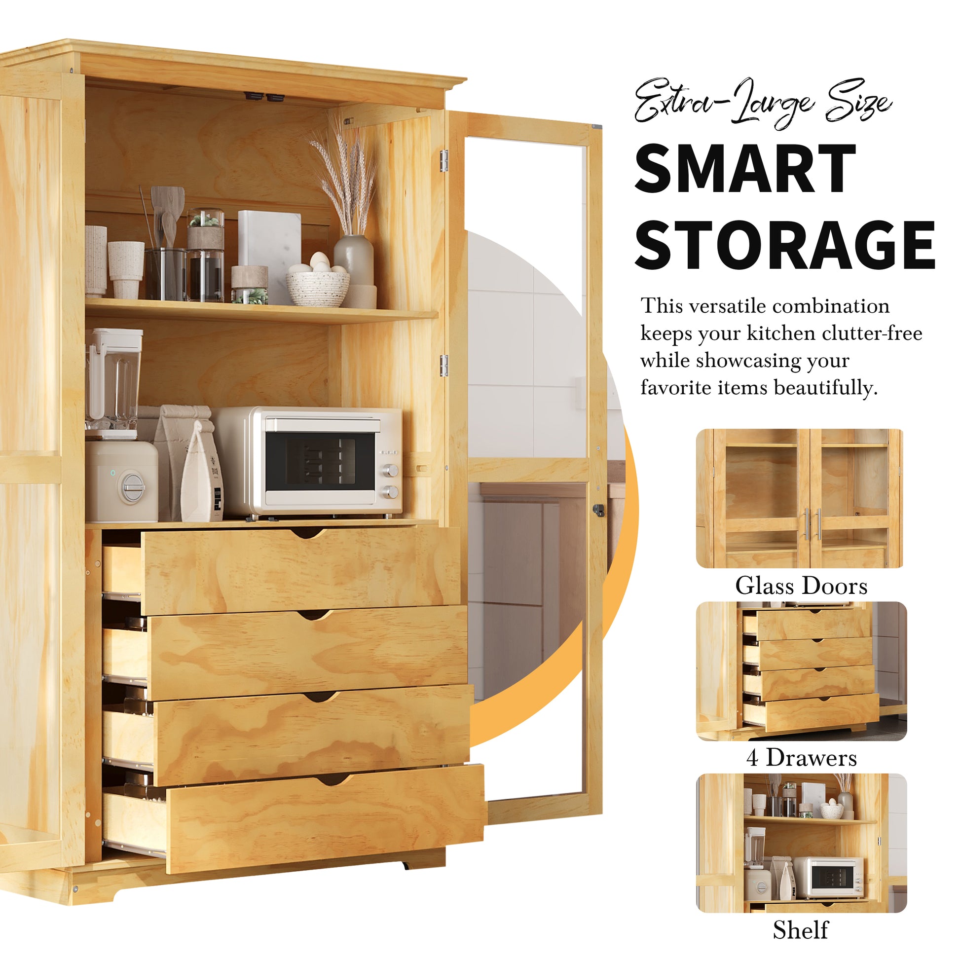 TOPMAX 44.7x20x75inch Kitchen Pantry, Freestanding Kitchen Storage Cabinet Display Cabinet with Glass Doors and 4 Built-in Drawers for Living Room, Home Office, Natural image 8