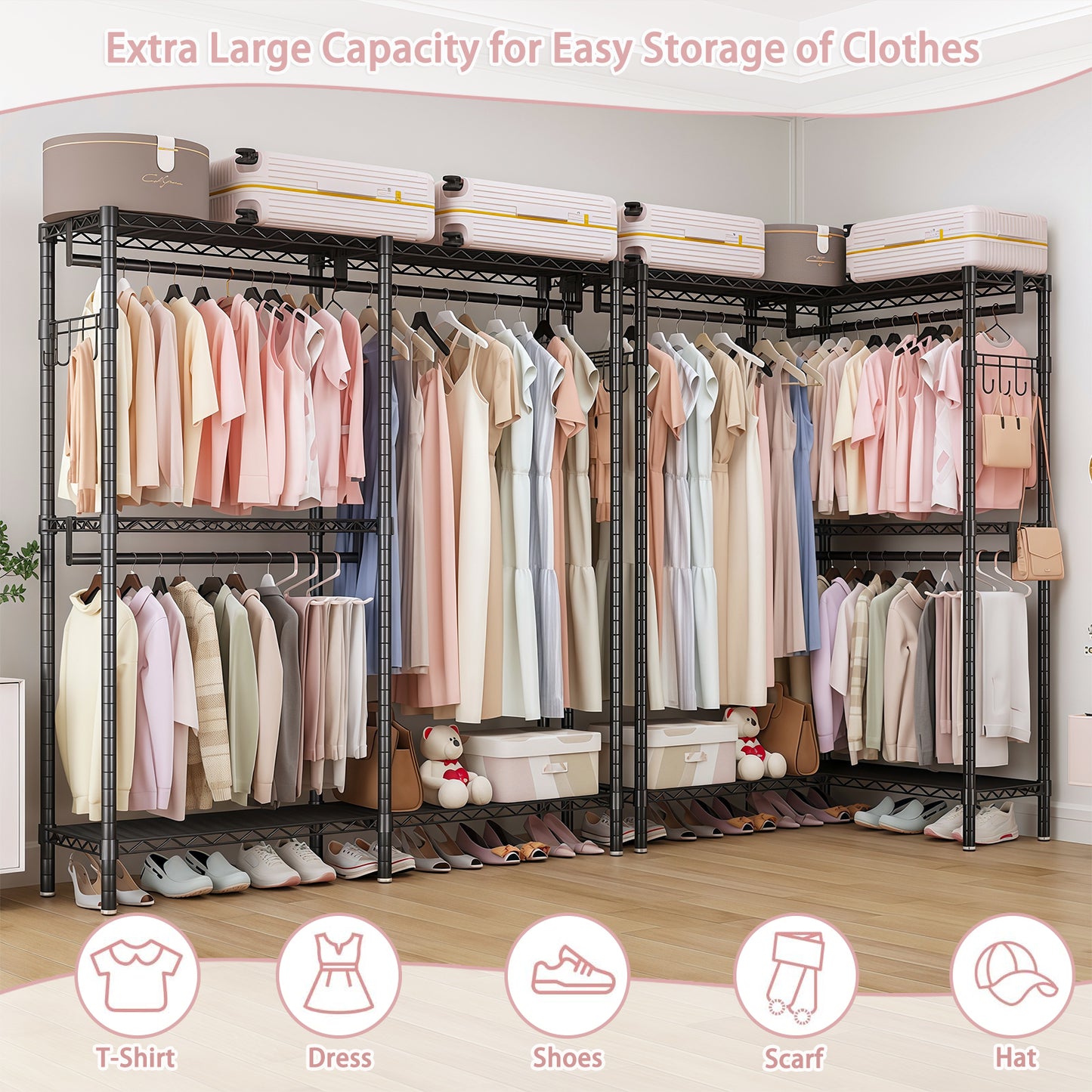 Garment Rack L Shaped Clothes Rack for Corner, Heavy Duty Clothes Rack with 3 Hanging Rods & 2 Side Hooks, Freestanding Clothing Racks for Hanging Clothes, 58.27''Wx 17.13''D*76.38''H, Black image 6
