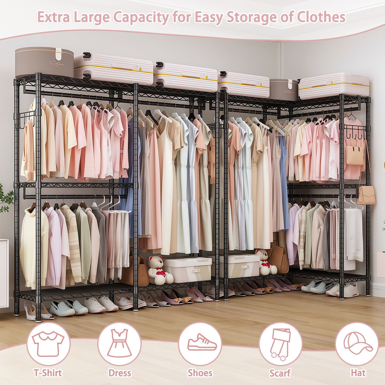 Garment Rack L Shaped Clothes Rack for Corner, Heavy Duty Clothes Rack with 3 Hanging Rods & 2 Side Hooks, Freestanding Clothing Racks for Hanging Clothes, 58.27''Wx 17.13''D*76.38''H, Black image 6