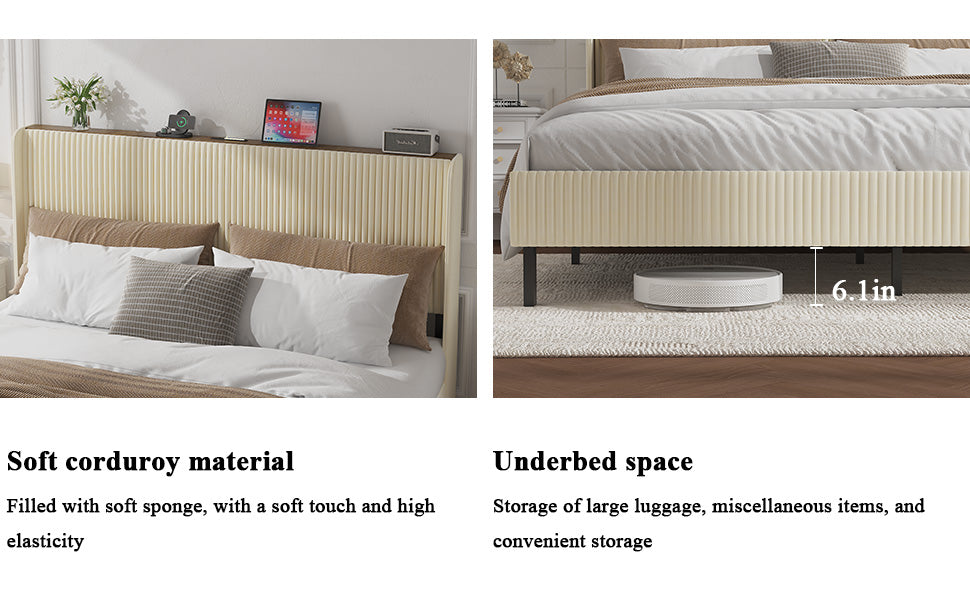 Queen Size Platform Bed, Metal Bed Frame with Charging Station, No Box Spring Needed, (Beige), Noise Free,Easy Assemble. image 2