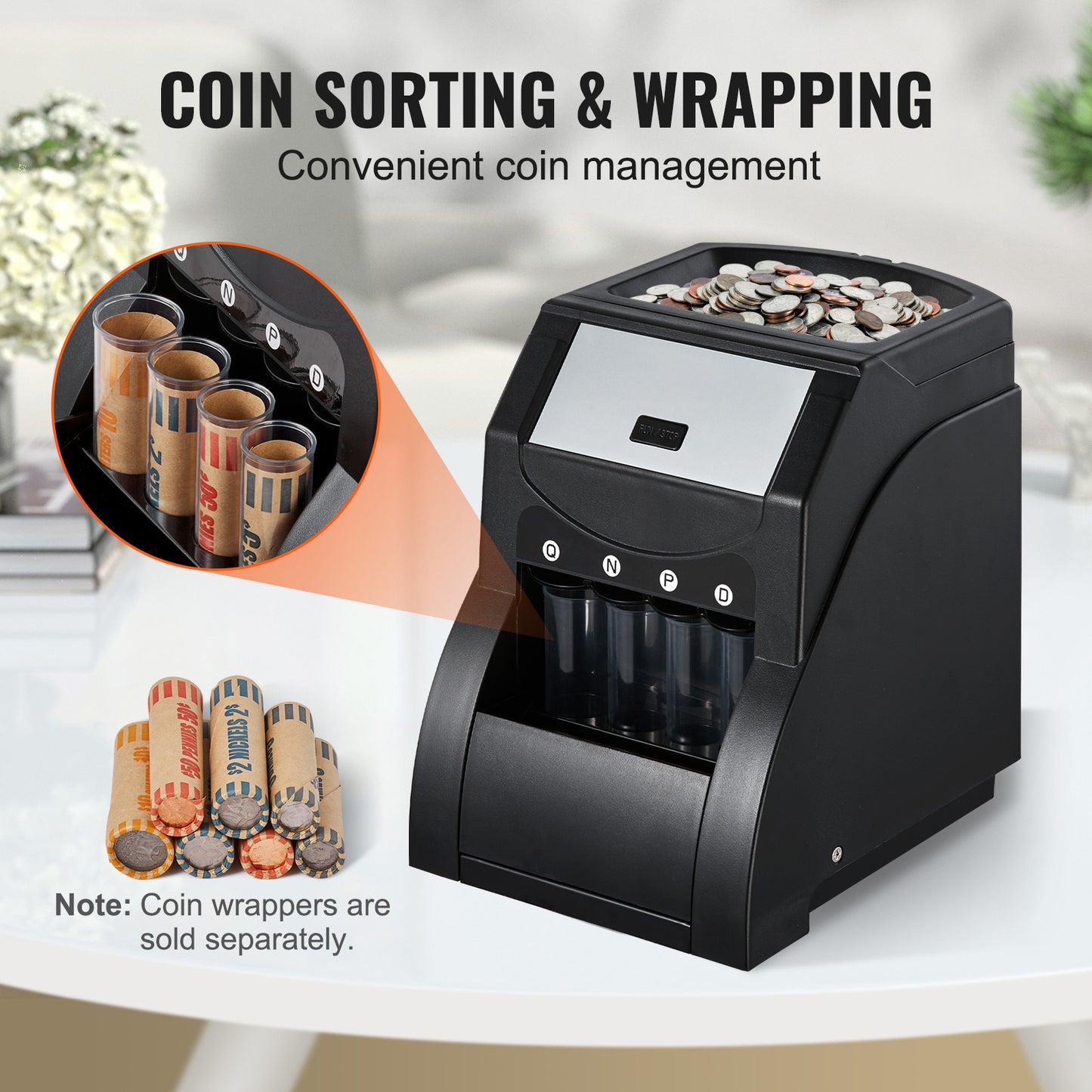 USD Coin Sorter, Coin Sorter Machine for USD Coin 1￠ 5￠ 10￠ 25￠, Sorts up to 230 Coins/min, Coin Sorter and Wrapper Machine Holds 200 Coins Included 4 Coin Tubes, Black image 9