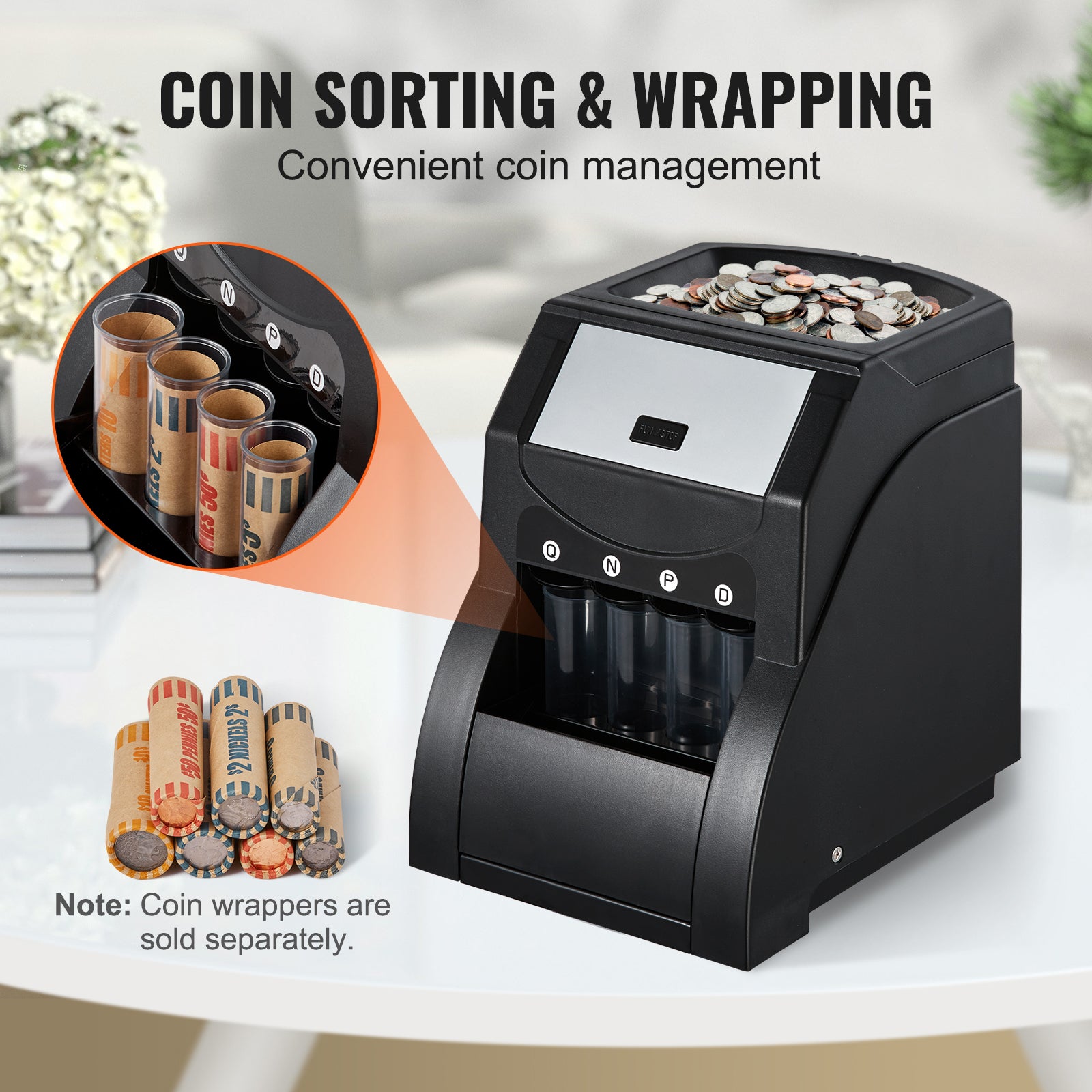 USD Coin Sorter, Coin Sorter Machine for USD Coin 1￠ 5￠ 10￠ 25￠, Sorts up to 230 Coins/min, Coin Sorter and Wrapper Machine Holds 200 Coins Included 4 Coin Tubes, Black image 9