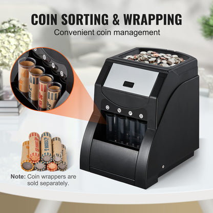 USD Coin Sorter, Coin Sorter Machine for USD Coin 1￠ 5￠ 10￠ 25￠, Sorts up to 230 Coins/min, Coin Sorter and Wrapper Machine Holds 200 Coins Included 4 Coin Tubes, Black image 9