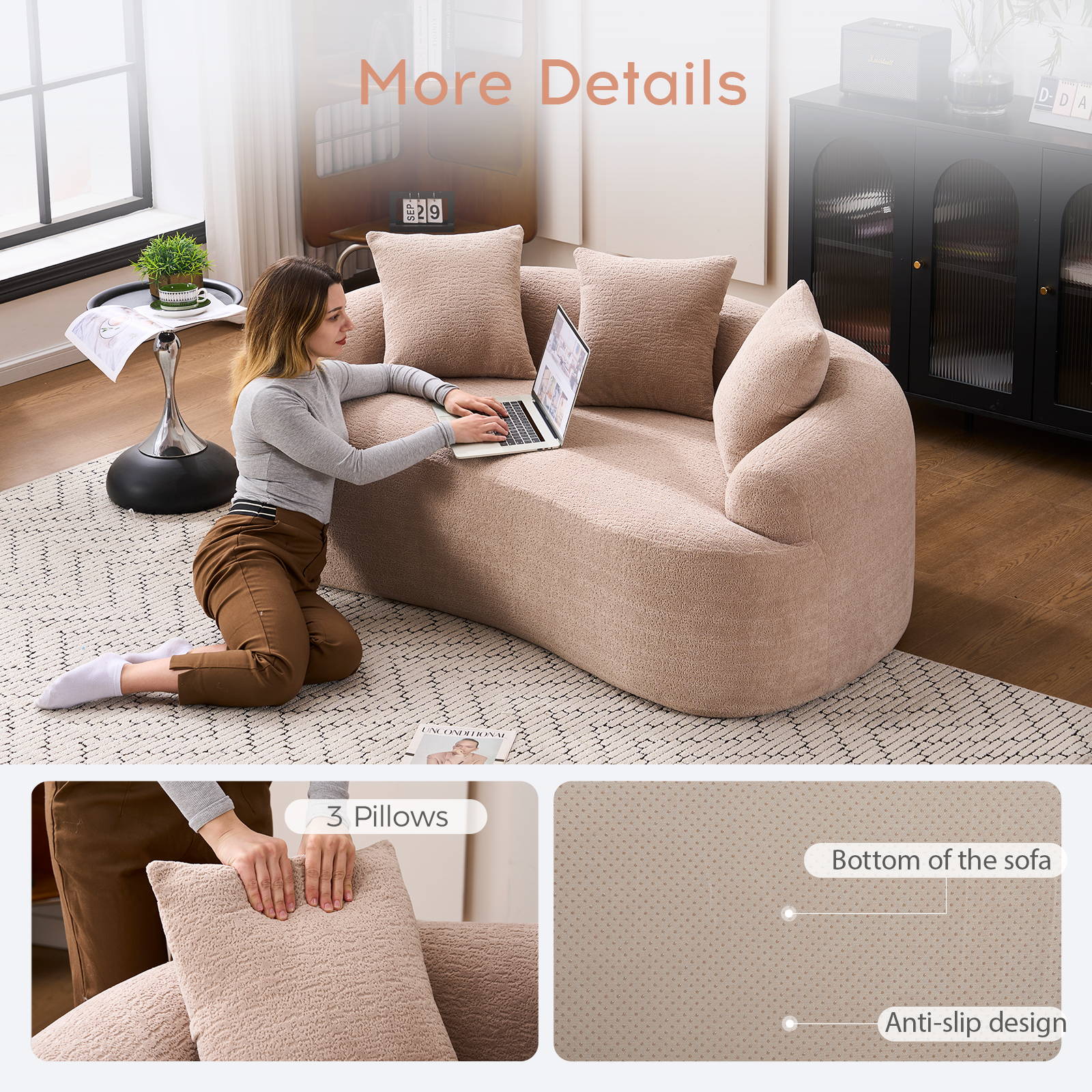 Old Sku: W2231P292607 Compression Loveseat Sofa, Curved Modern Styles Sofa for Small Spaces & Apartments, 30D Chenille No-Assembly,3 Throw Pillows. Warm Beige. image 5