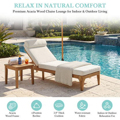 TOPMAX Acacia Wood Chaise Lounge, Outdoor Sun Lounge Chair, Patio Recliner with Adjustable Backrest and Head Pillow for Poolside, Backyard, Garden, Indoor&Outdoor, set of 2, Beige image 8