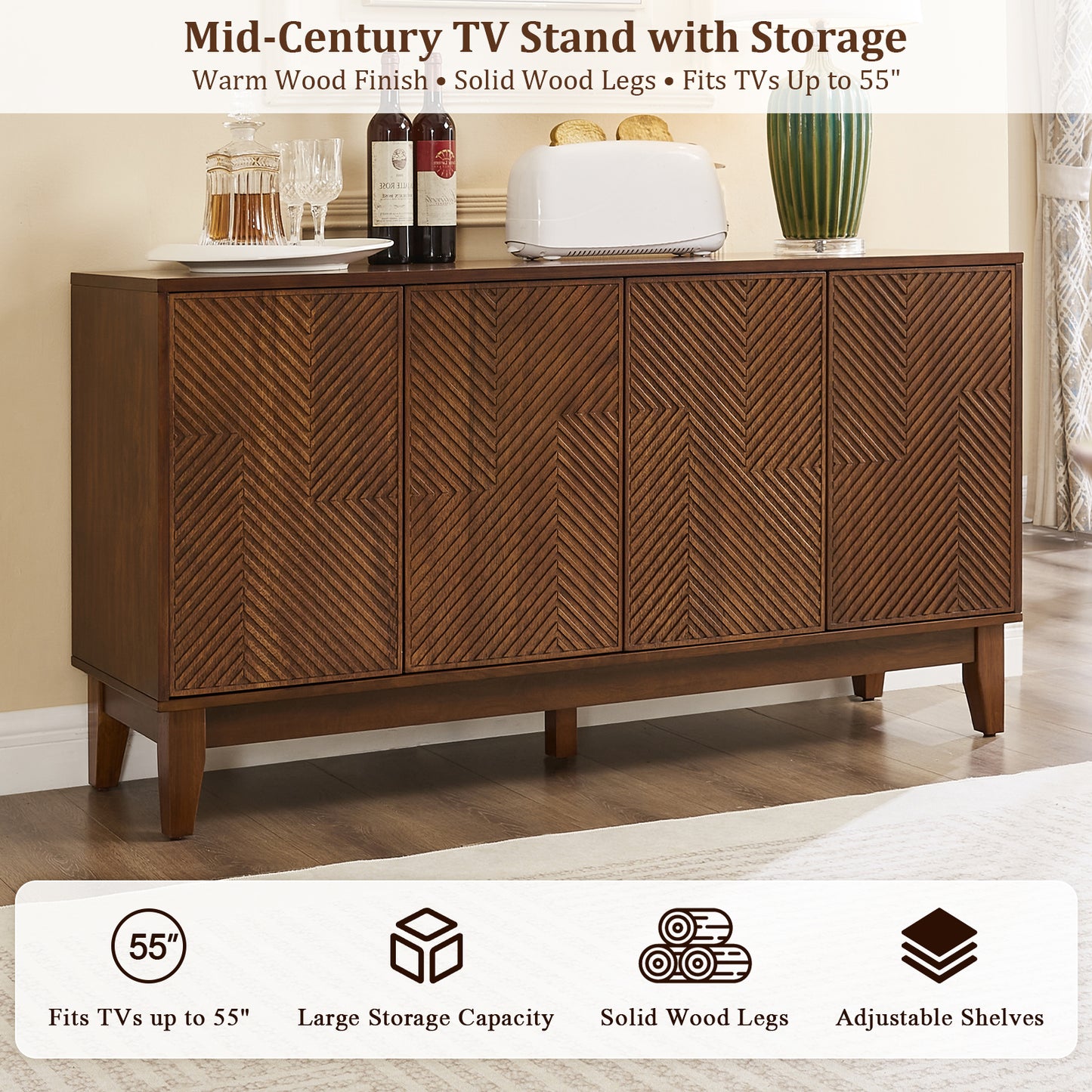 56" Mid Century Modern TV Stand, Wood Storage Cabinet with Carved Geometric Doors, 4 Door Media Console, Sideboard Buffet Cabinet for Living Room, Dining Room, Entryway image 12