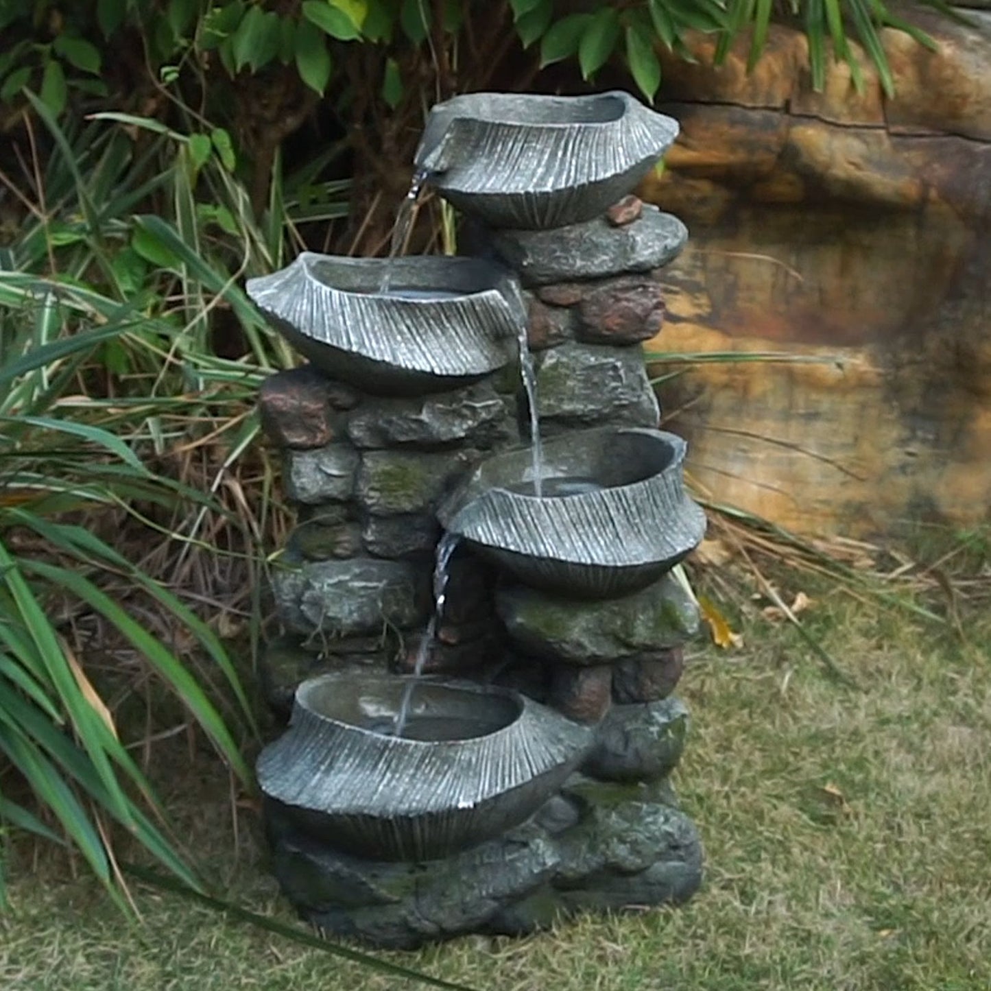 4-tier polyresin cascading rock water fountain with LED light - front view