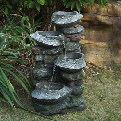 4-tier polyresin cascading rock water fountain with LED light - front view