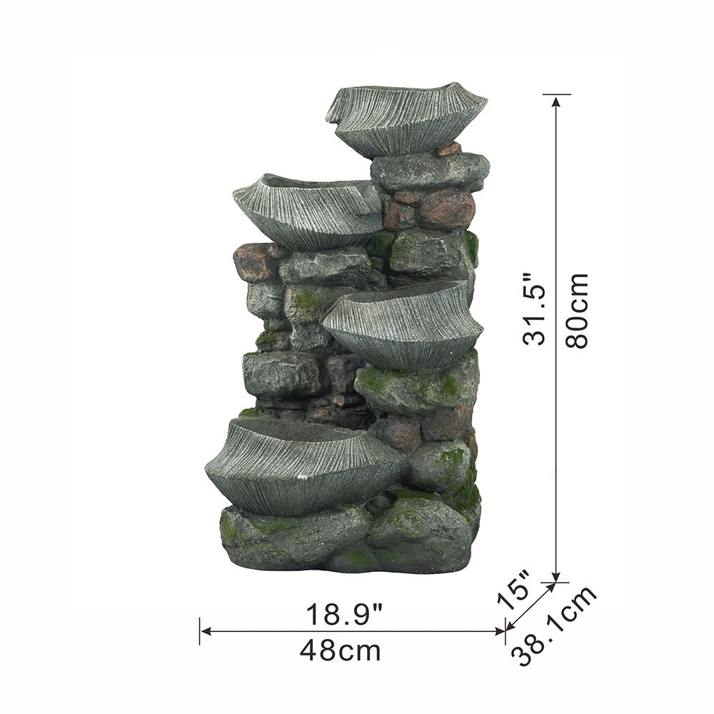 4-tier polyresin cascading rock water fountain with LED light - detail of tiers