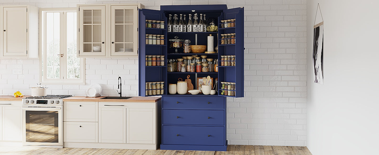 [Assembly Video Provided]TOPMAX 77inch Farmhouse Kitchen Pantry, Freestanding Tall Cupboard Storage Cabinet with 3 Adjustable Shelves, 8 Door Shelves, 3 Drawers for Kitchen, Dining Room, Blue image 2