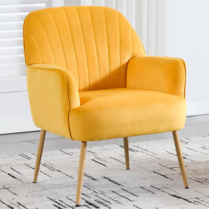 Velvet Accent Chair, Modern Upholstered Living Room Chairs, Luxury Single Sofa Armchair with Metal Legs, Comfy Barrel Chairs for Living Room, Waiting Room, Bedroom, Office and Cafe, Yellow image 1