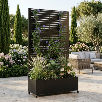 Metal Planter Box with Trellis, 73"x35"x16 Metal Raised Garden Bed with Trellis, Metal Planter Box with Drainage Holes & Lockable Wheels & Privacy Screen for Climbing Plants, Vegetables, Vines image 1