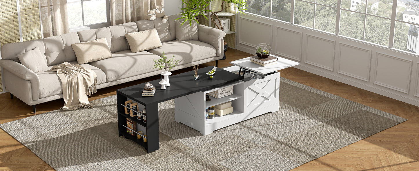 U-Can Farmhouse Lift Top Coffee Table With Barn Doors, Wood Rectangle Center Table With Large Hidden Storage Space And Open Cabinet, For Living Room, Bedroom, Home Office image 8